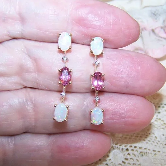 14K Gold Opal Diamond and Pink Tourmaline Dangle Drop Earrings - Posts with Nuts - Picture 6 of 11